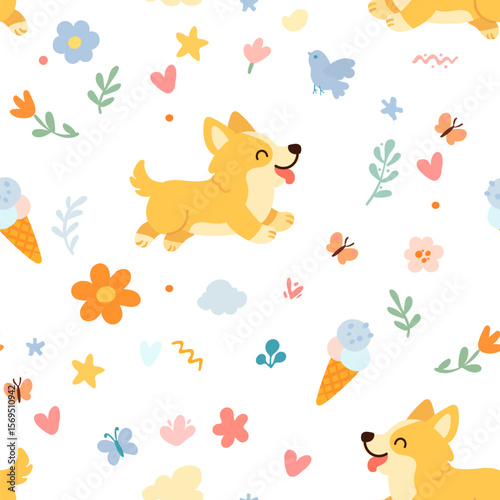 Seamless pattern with funny cartoon corgis dogs. Great for fabric, textile