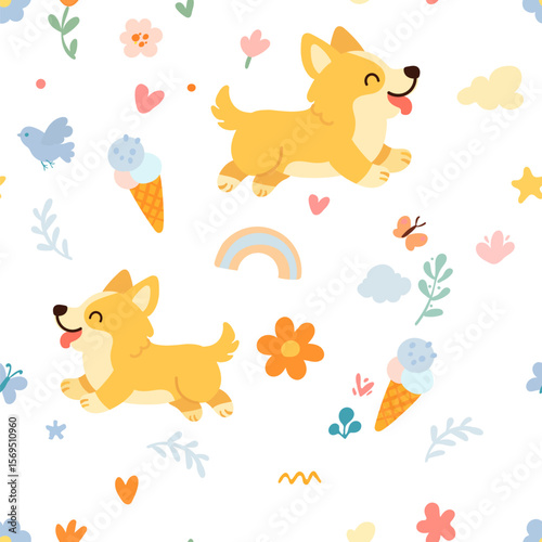 Seamless pattern with funny cartoon corgis dogs. Great for fabric, textile