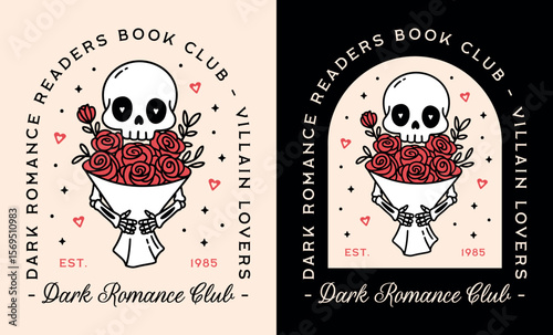 Dark romance book club villain lovers reader skeleton holding a red rose bouquet romantasy illustration. Romantic gothic aesthetic printable poster logo girl reading squad group badge shirt design.
