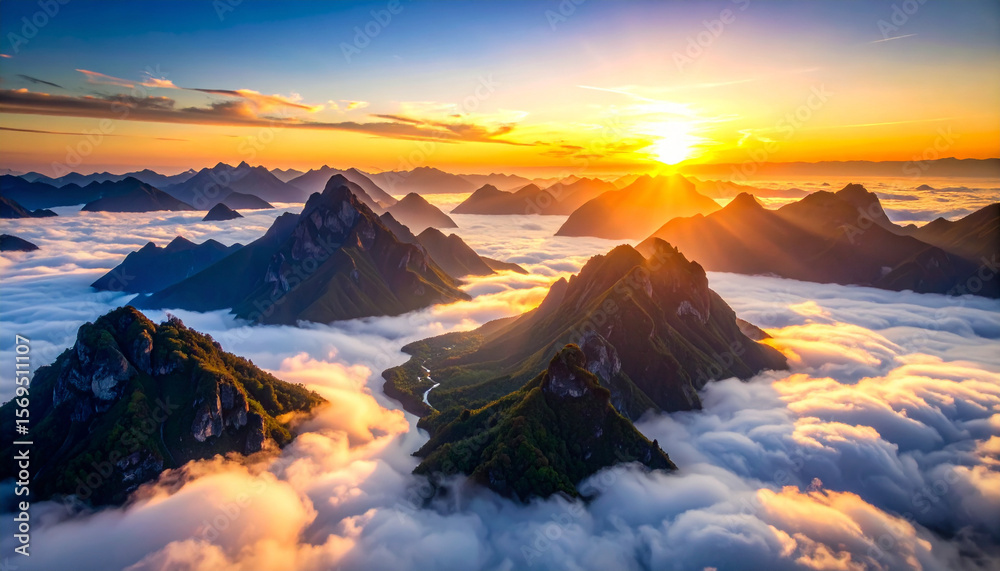 Naklejka premium A surreal photo. Floating mountains, sea, clouds, illuminated sunset, glowing river running, air, ultra-realistic textures, cinematic lighting, unseen fantasy landscape, stock-ready, commercial use.
