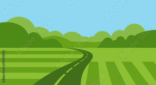 Serpentine Road Through Green Fields and Rolling Hills Landscape