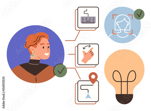 Profile of a smiling person connected to technology icons thumbs up face recognition, hand gestures, and geolocation leading to an idea bulb. Ideal for AI, identity verification, user experience