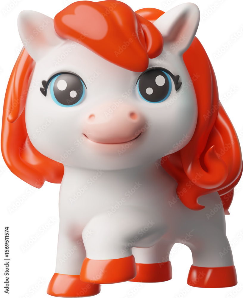 Naklejka premium Vector 3D illustration of white horse icon with red mane, cartoon childish style.