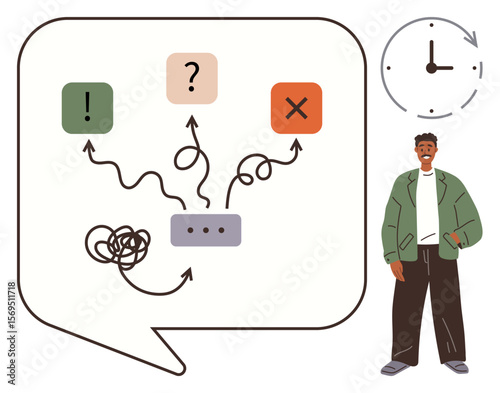 Speech bubble with pathways to exclamation, question, and cross icons represents decision-making. Confusion and clarity illustrated. Ideal for leadership, choices, workflow, problem-solving