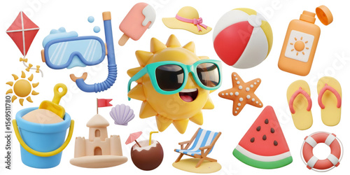 3d summer objects png element set on transparent background	