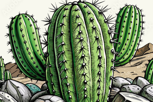 cartoon saguaro cactus stands tall in a desert setting with rocks and sand vector