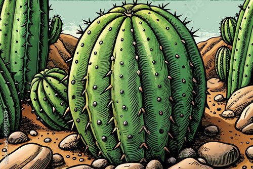 cartoon saguaro cactus stands tall in a desert setting with rocks and sand vector