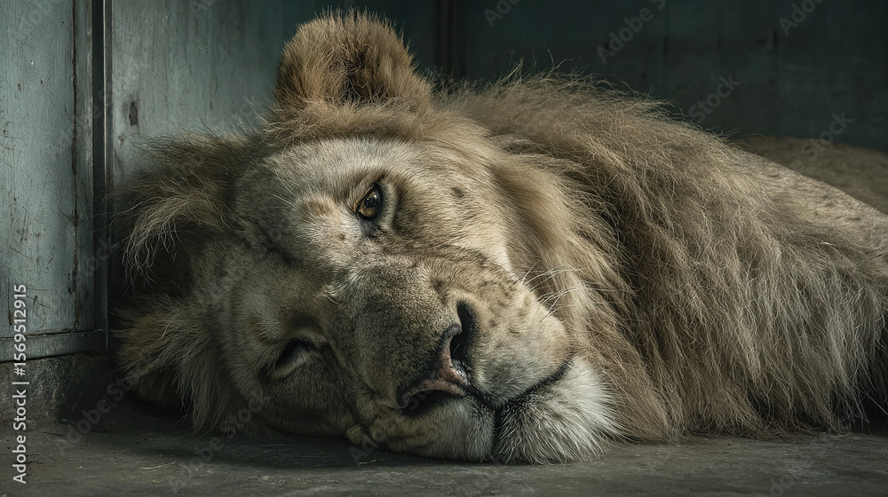 Naklejka premium A close-up portrait showcases a majestic lion resting peacefully with a calm gaze.