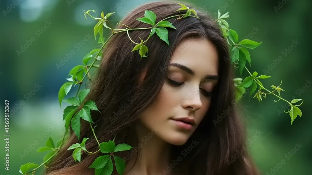 A beautiful young woman with flowing brunette hair smiles in a sun-drenched spring garden, her face framed by vibrant blossoms and green leaves A beautiful young woman with flowing brunette hair smiles in a sun-drenched spring garden, her face framed by vibrant blossoms and green leaves
