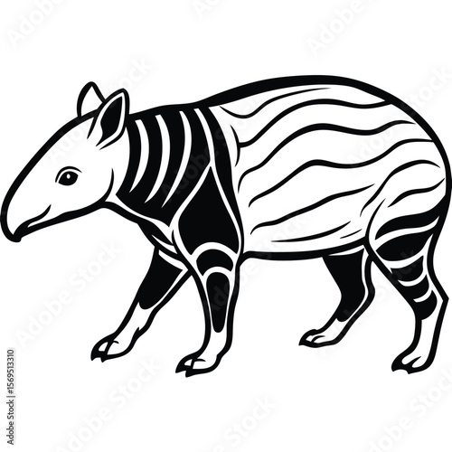 Stylized black and white illustration of a walking tapir with bold lines silhouette