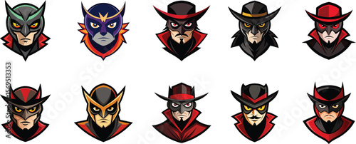 Collection of masked superhero or villain character heads in varied styles