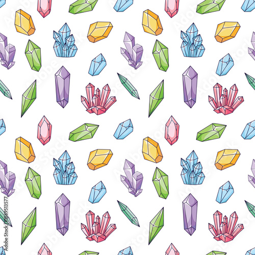 Pattern with crystals, quartzes, and hand-drawn precious stones in a flat style. seamless texture