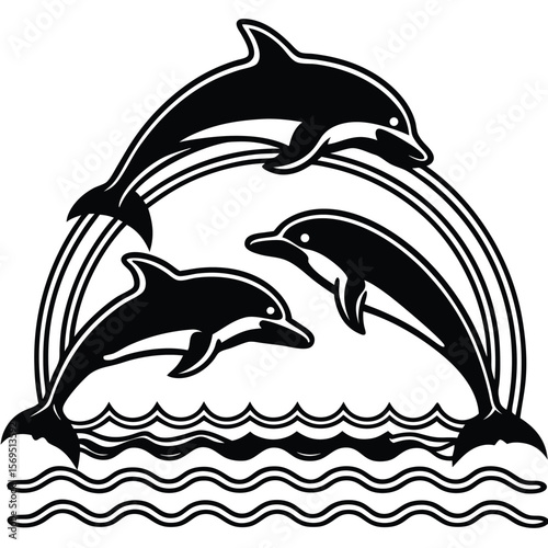 Three playful dolphins leaping through stylized waves and arcs silhouette