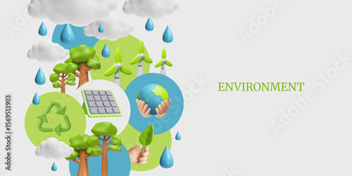 Environment, green energy 3D cartoon style vector banner design, solar panel, windmill, recycle sign, Earth planet