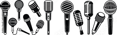 Assortment of Vintage and Modern Microphones in Black and White Silhouette