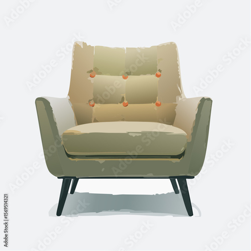 Minimalist flat vector illustration of a modern armchair with a rounded backrest and soft upholstery in light beige. The chair has four slim black legs with gold metal caps at the bottom