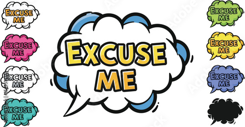 Illustration showing multiple excuse me speech bubbles in different colors