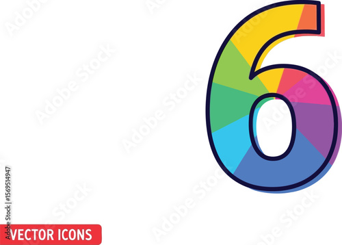 A colorful number six with a dark outline on a white background view