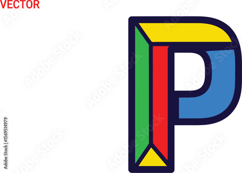 A colorful letter p with yellow blue red and green on a white background