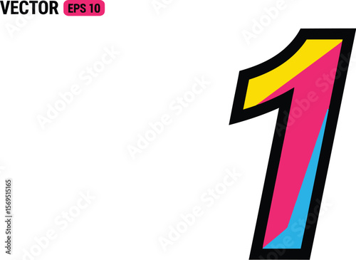 Isolated image of a colorful number one with black outline on white