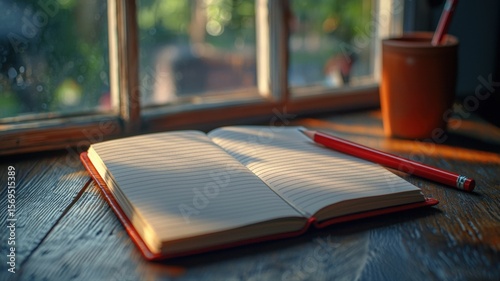 Open Notebook and Red Pencil on Wooden Table by Window in Sunlight notebook pencil table window wood