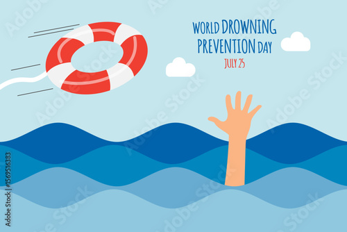 Flat illustration for World Drowning Prevention Day showing a hand reaching out from waves and a lifebuoy being thrown, symbolizing rescue and awareness.