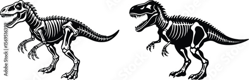Black and White Graphic Illustration of Tyrannosaurus Rex Skeletons in Profile
