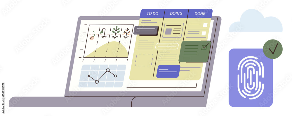 Naklejka premium Laptop screen displaying task board, progress charts, and analytics. Fingerprint scan for secure access. Ideal for productivity, project management, teamwork, data analysis, IT security cloud