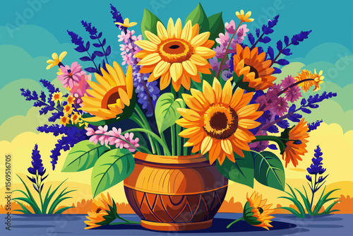 vector of A vibrant bouquet of sunflowers and lavender. In an ideal wooden vase to light up any space.