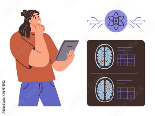 Woman holding tablet analyzing brain scans. Brain imagery displayed on dark panel. Neural network icon suggests AI, science, and research. Ideal for health, technology, AI, innovation science