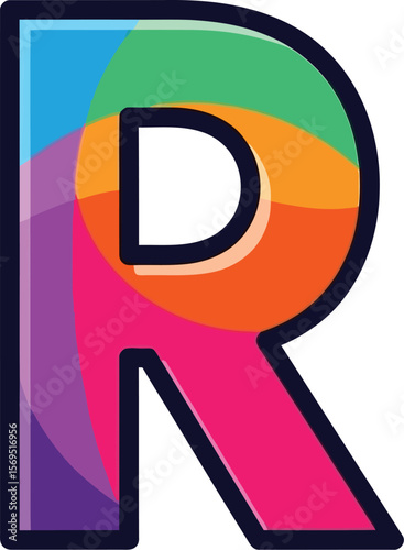 A colorful letter r with a dark outline on a white background view