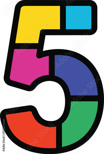 A colorful number five made up of different colored puzzle pieces