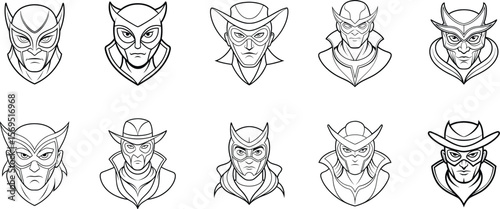 Collection of Line Art Illustrations Featuring Superhero Characters with Masks and Hats