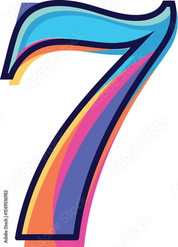 Isolated colorful number seven with dark outline on a white background