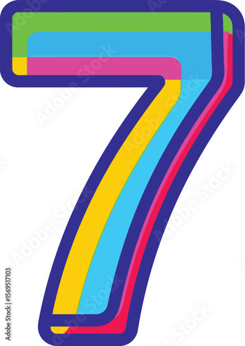 A layered number seven with multiple colors on a plain white background