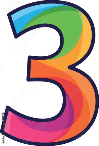 A colorful number three with a dark outline on a white background
