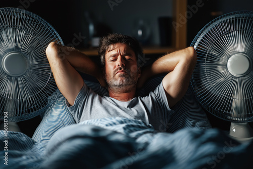 Wallpaper Mural Man lying in bed with two fans pointed at him, struggling to sleep during a heatwave. Torontodigital.ca