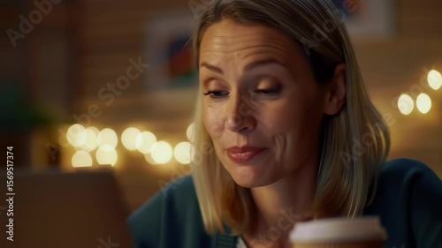 A smiling woman works or chats on her laptop in a cozy, warmly-lit room with fairy lights in the background.
