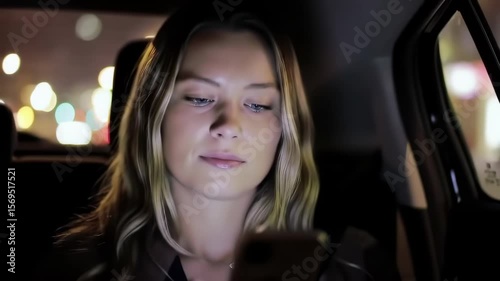 A woman in a car at night gazes at her phone screen, illuminated by city lights outside.