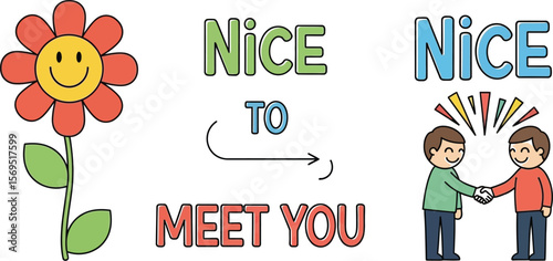 Illustration of a flower and two people shaking hands with text present