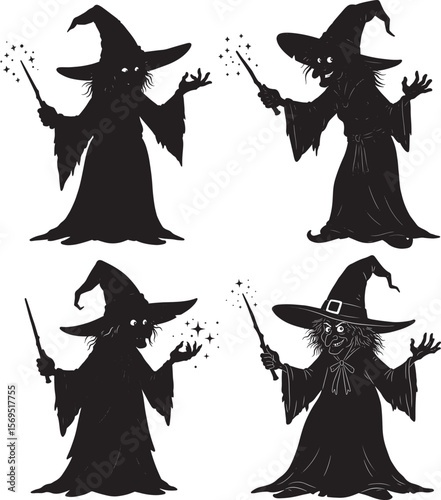 Old Witch Flying Halloween Cartoon Character silhouette