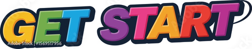 A colorful get start text with black outline on a white background.