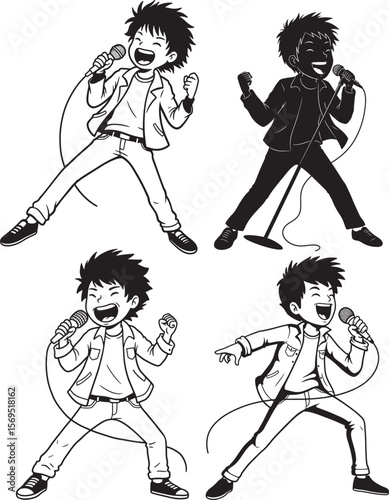Rocker Boy Singing With Microphone Cartoon silhouette