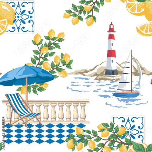 Sailboat, lighthouse, lemon branch, sea wave, chaise lounge, sun umbrella, tile seamless pattern. Summer Italian print.	