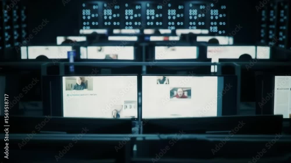 Rows of computer monitors display