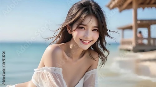 Video of a cute woman in a bikini laughing in a beautiful sea, vacation, summer, having fun, 綺麗な海でビキニを着たかわいい女性が笑う動画、休暇、夏、楽しむ、