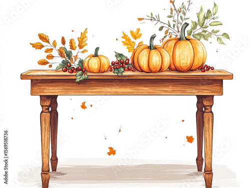 Table with a wooden top and a variety of pumpkins and leaves. The table is decorated with pumpkins and leaves, creating a fall-themed atmosphere