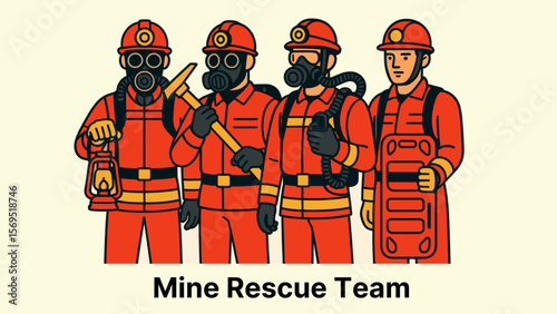 Mine rescue team illustration showing first responders in full protective gear