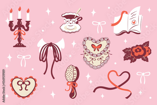 Girly cute things in coquette vintage style. Tea, cake and candles. Girlish accesories. Vector illustration set.