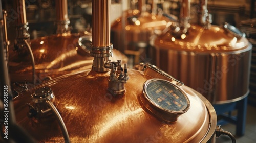 A high-tech brewery with shiny copper tanks and intricate machinery, showcasing the brewing process and technology used in modern beer production.